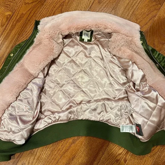 GAP Green Satin Bomber Jacket with Pink Faux Fur Lining - Picture 3 of 7